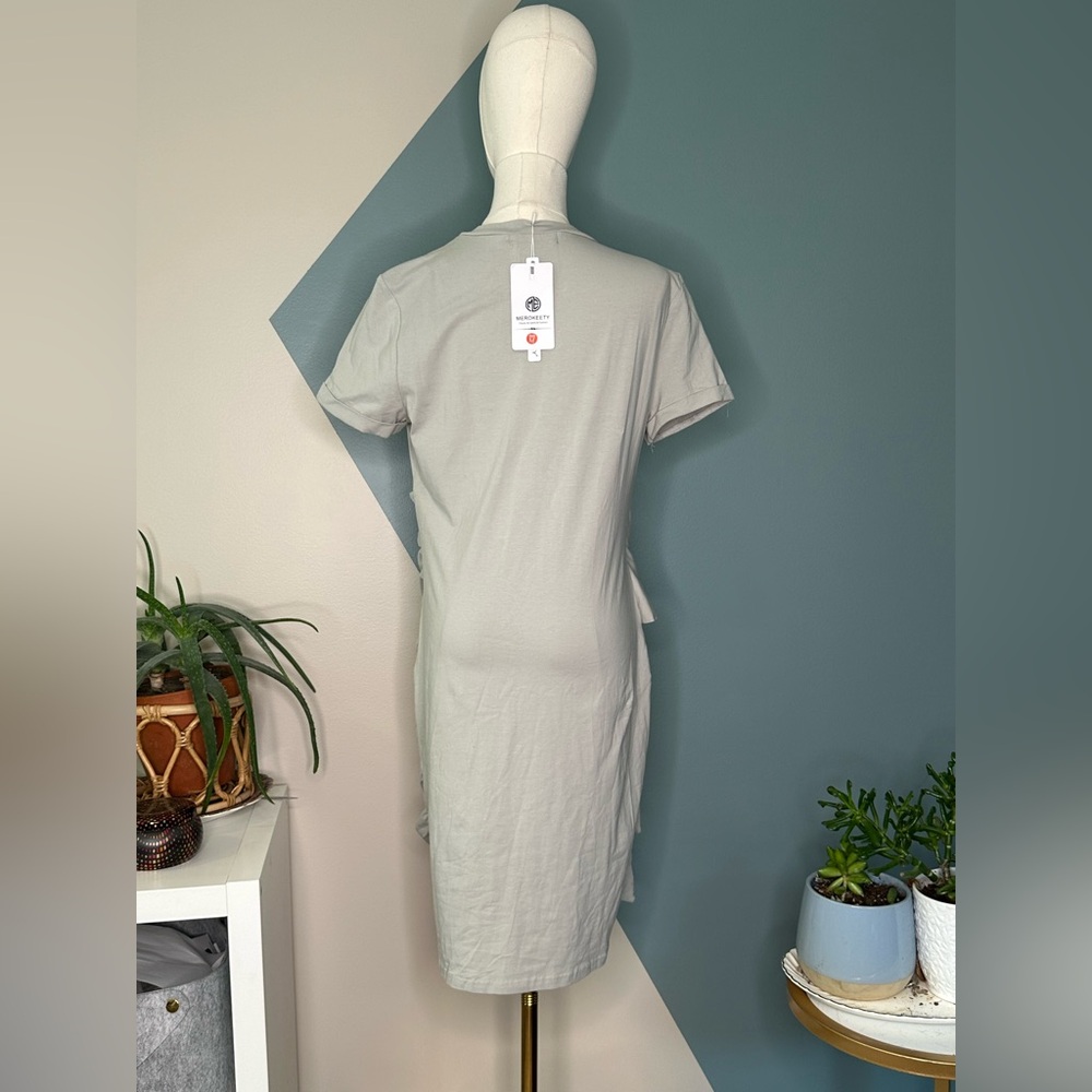 MEROKEETY Tie Waist T-Shirt Dress Light Sage Green M | Short Sleeve Casual Dress - Picture 5 of 11